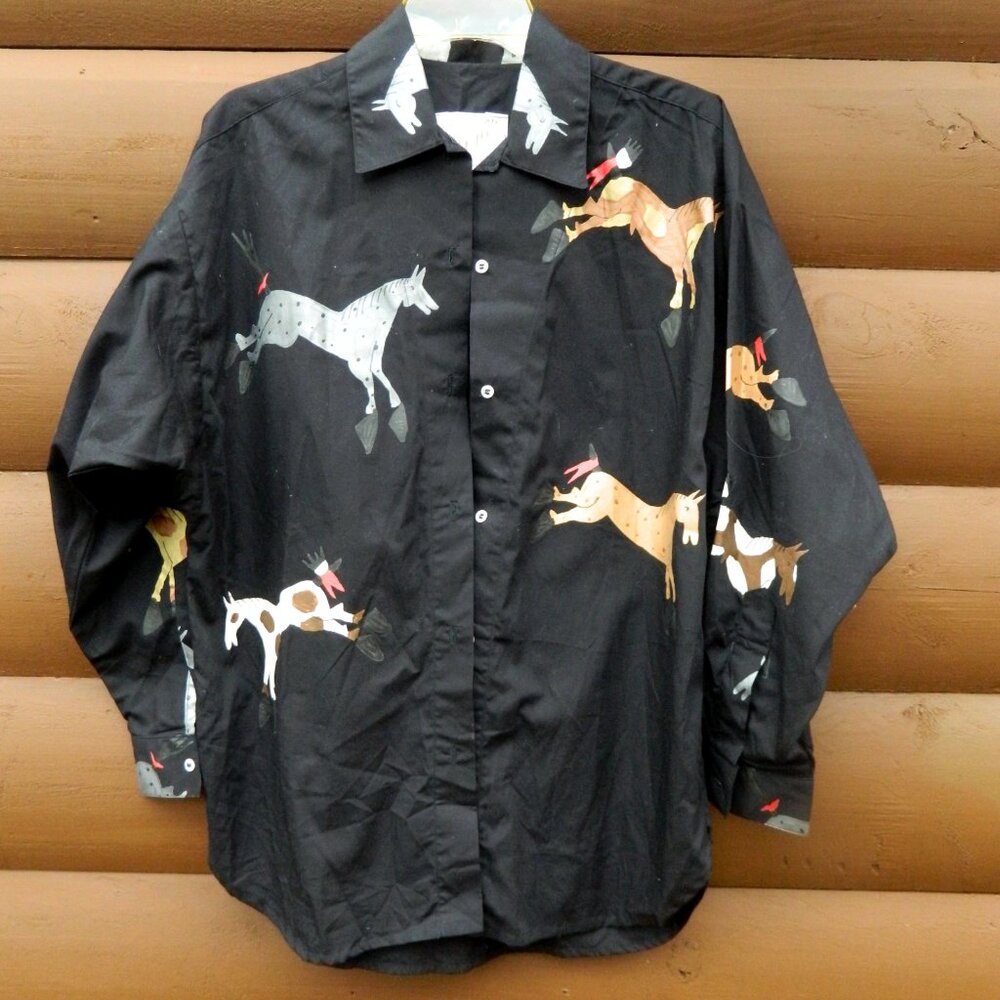 Where Itat Santa Fe Hand Painted Black Horse Shirt - Art to Wear